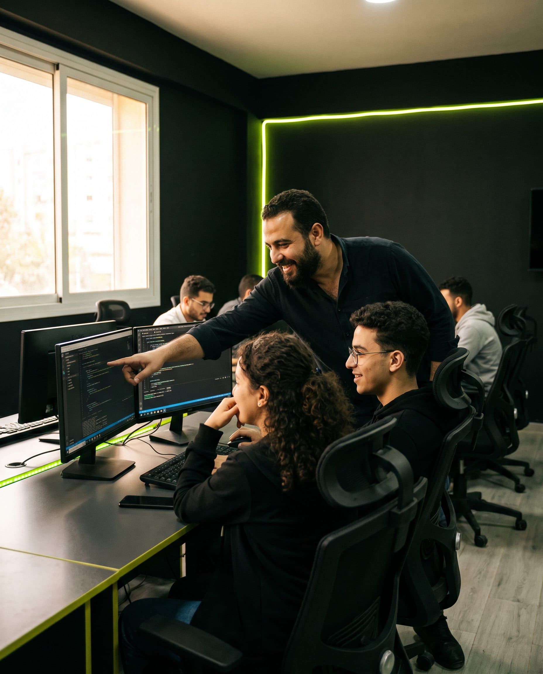 A mentor guiding students in the Evolve Academy classroom